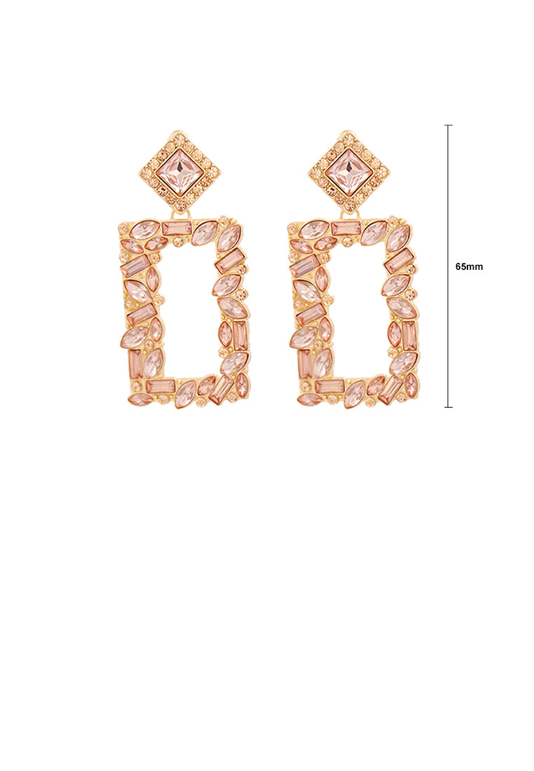 Fashion and Simple Plated Gold Hollow Rectangular Earrings with Pink Cubic Zirconia - Luxurious Look - Vibrant Color