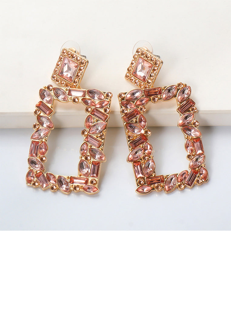 Fashion and Simple Plated Gold Hollow Rectangular Earrings with Pink Cubic Zirconia - Luxurious Look - Vibrant Color