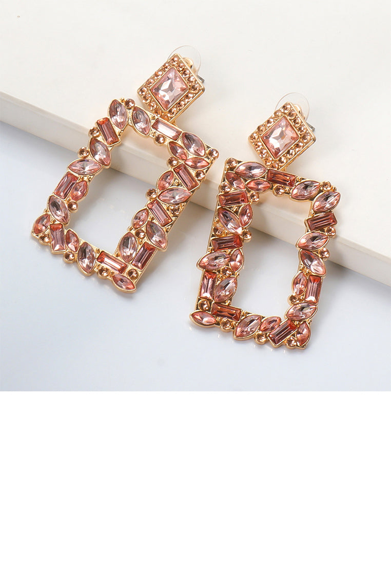 Fashion and Simple Plated Gold Hollow Rectangular Earrings with Pink Cubic Zirconia - Luxurious Look - Vibrant Color