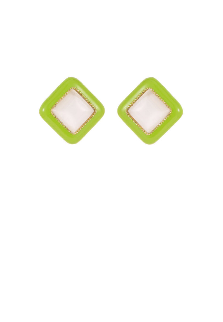 Simple Fashion Plated Gold Enamel Green Rhombus Geometric Imitation Opal Stud Earrings