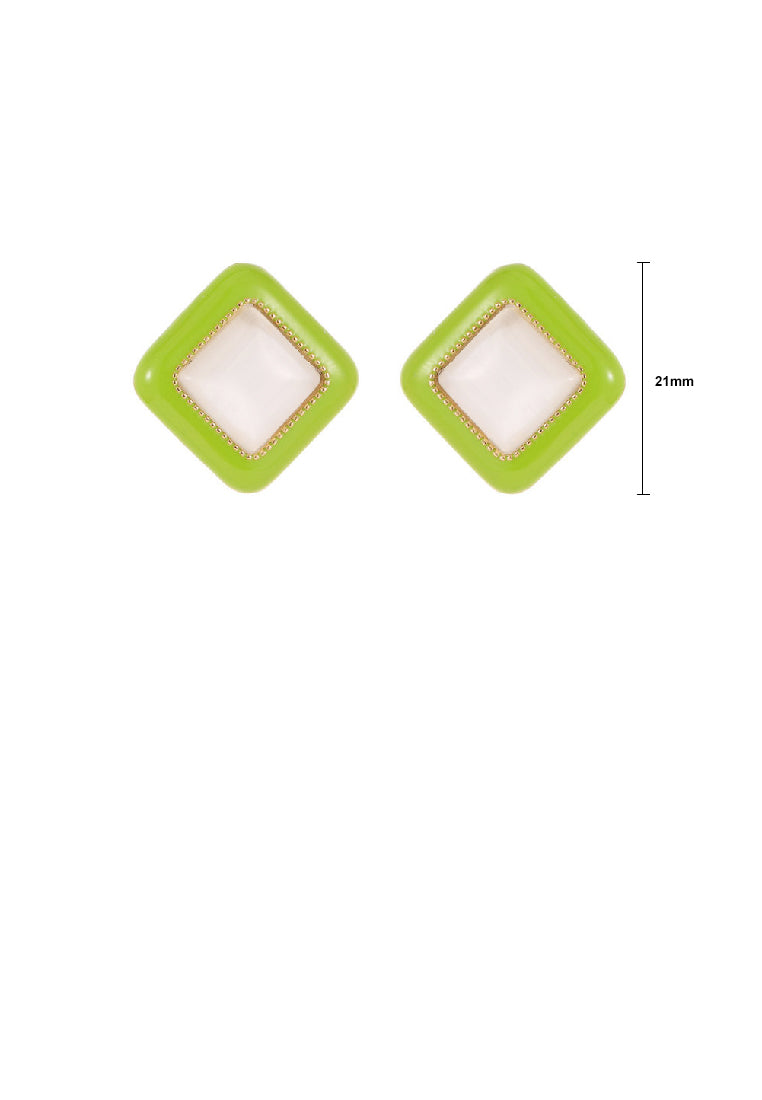 Simple Fashion Plated Gold Enamel Green Rhombus Geometric Imitation Opal Stud Earrings