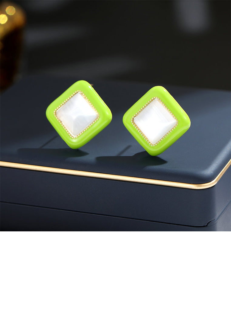 Simple Fashion Plated Gold Enamel Green Rhombus Geometric Imitation Opal Stud Earrings