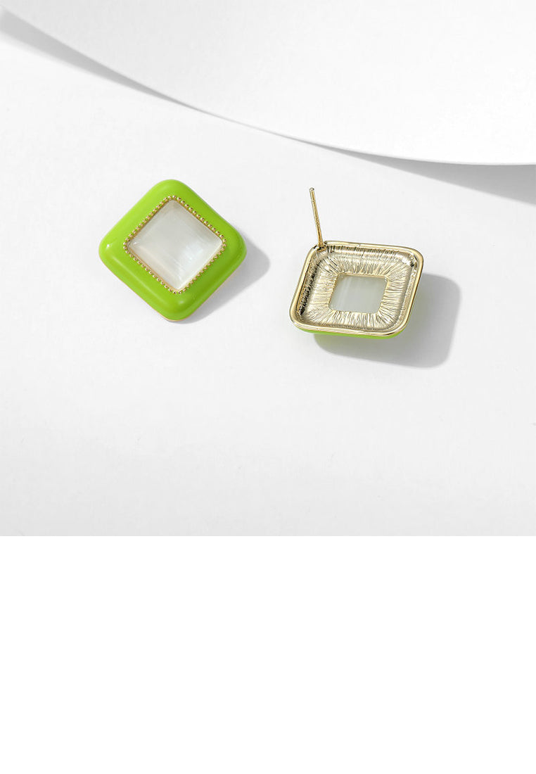 Simple Fashion Plated Gold Enamel Green Rhombus Geometric Imitation Opal Stud Earrings