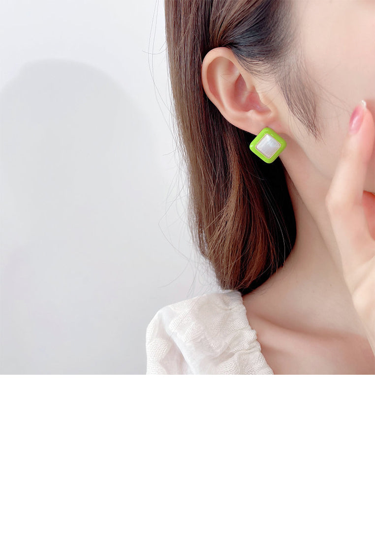 Simple Fashion Plated Gold Enamel Green Rhombus Geometric Imitation Opal Stud Earrings