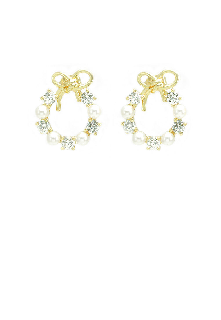 Simple Sweet Plated Gold Ribbon Hoop Imitation Pearl Earrings with Cubic Zirconia - Luxurious Look