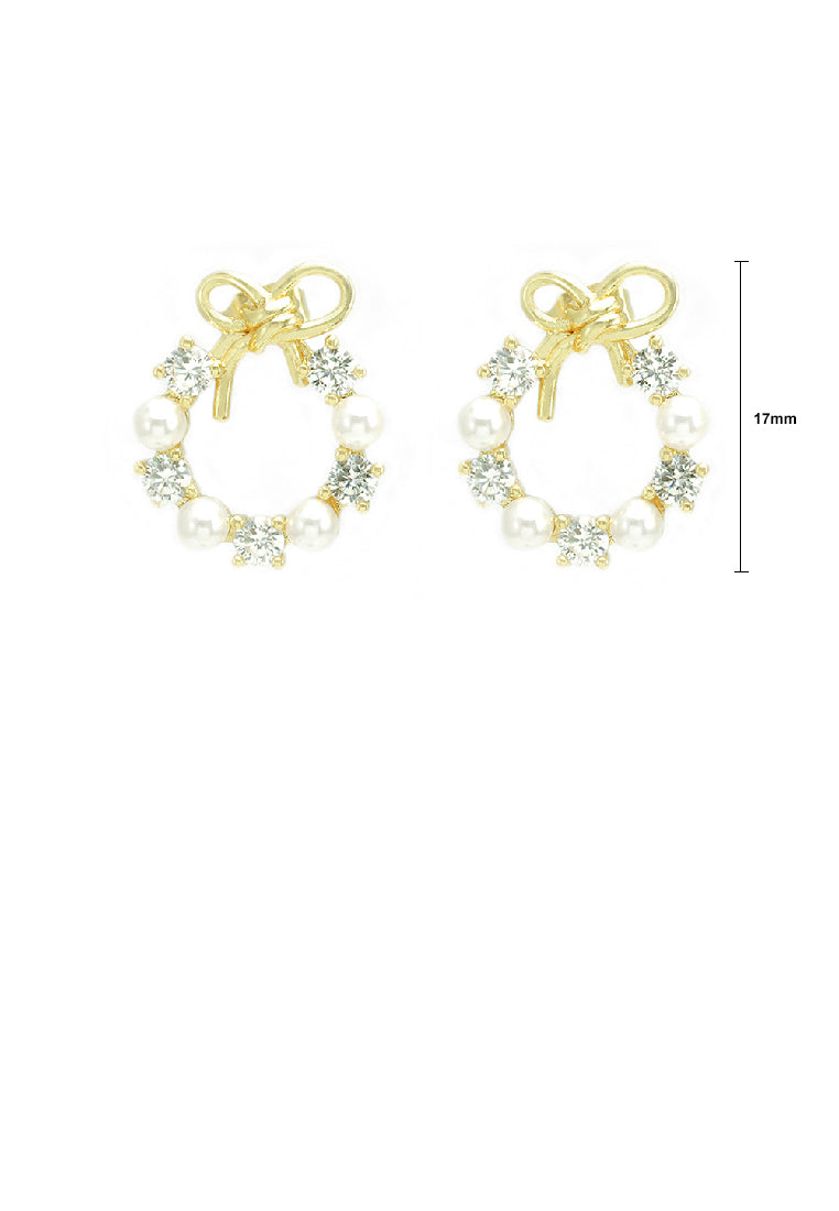 Simple Sweet Plated Gold Ribbon Hoop Imitation Pearl Earrings with Cubic Zirconia - Luxurious Look
