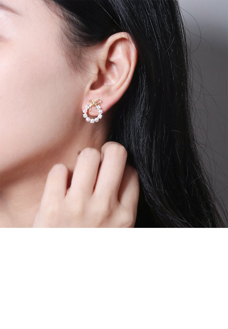 Simple Sweet Plated Gold Ribbon Hoop Imitation Pearl Earrings with Cubic Zirconia - Luxurious Look
