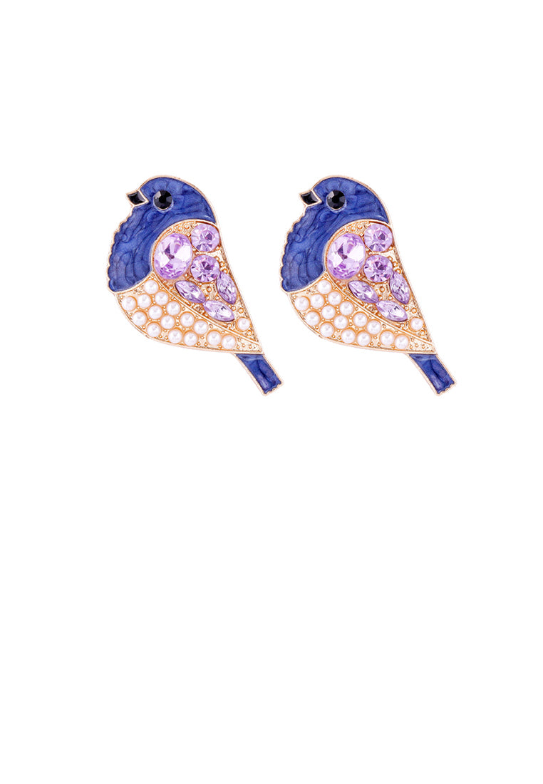 Simple and Cute Plated Gold Enamel Purple Bird Imitation Pearl Stud Earrings with Cubic Zirconia - Luxurious Look