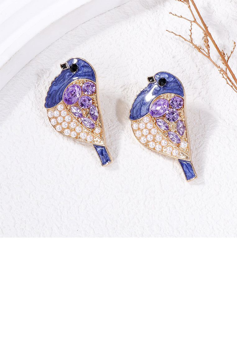 Simple and Cute Plated Gold Enamel Purple Bird Imitation Pearl Stud Earrings with Cubic Zirconia - Luxurious Look