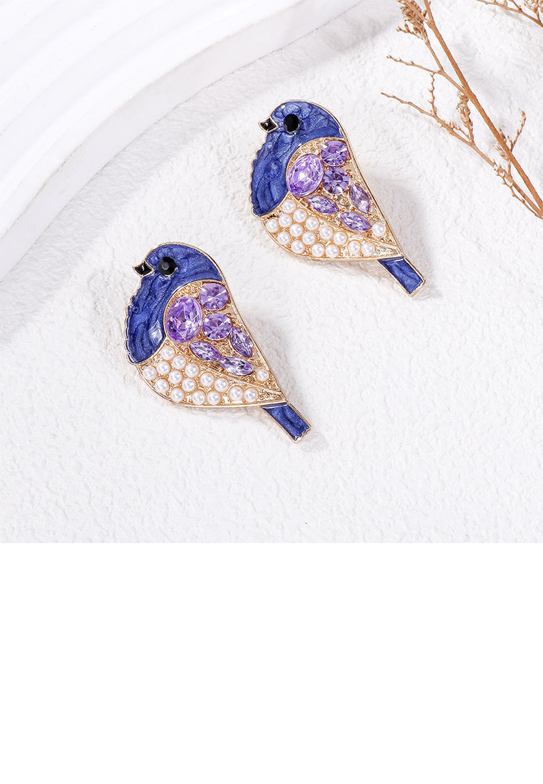 Simple and Cute Plated Gold Enamel Purple Bird Imitation Pearl Stud Earrings with Cubic Zirconia - Luxurious Look
