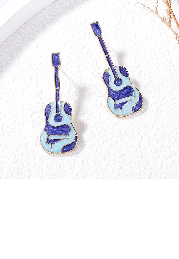 Fashion and Creative Plated Gold Enamel Blue Guitar Stud Earrings