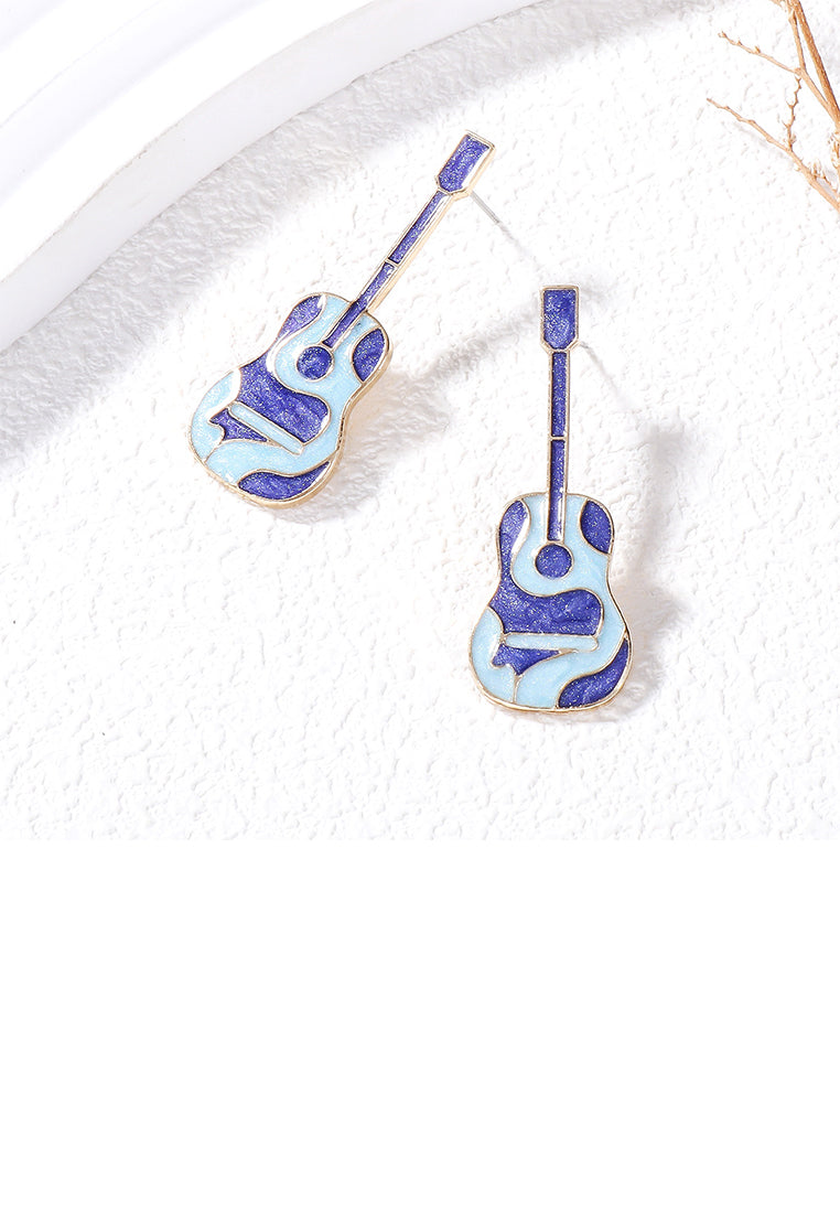 Fashion and Creative Plated Gold Enamel Blue Guitar Stud Earrings