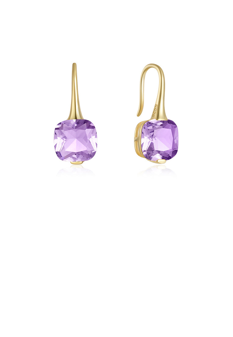 925 Sterling Silver Plated Gold Simple Fashion Geometric Square Earrings with Purple Cubic Zirconia - Luxurious Look
