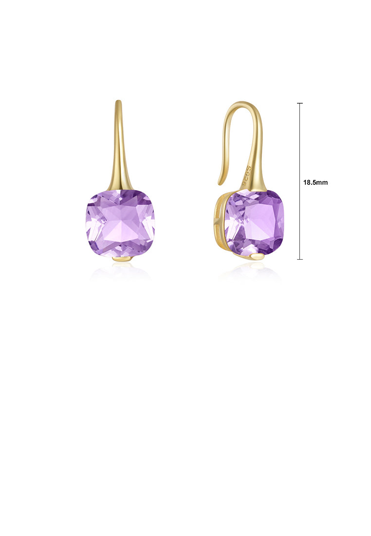 925 Sterling Silver Plated Gold Simple Fashion Geometric Square Earrings with Purple Cubic Zirconia - Luxurious Look