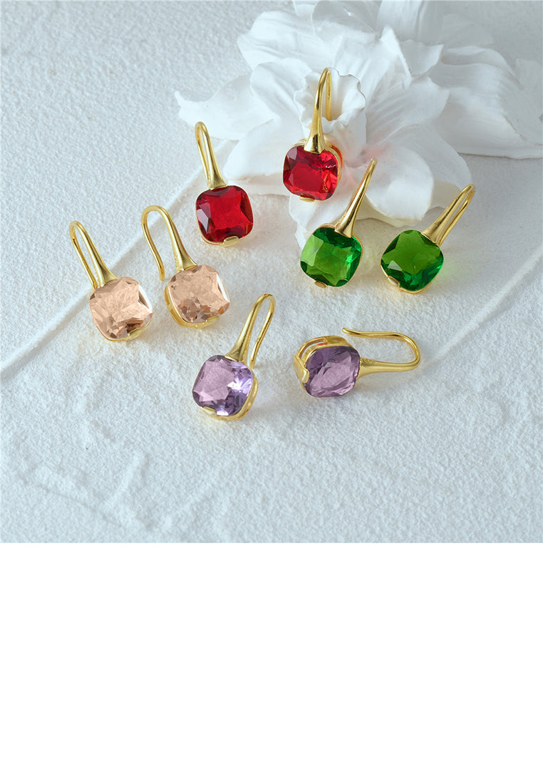 925 Sterling Silver Plated Gold Simple Fashion Geometric Square Earrings with Purple Cubic Zirconia - Luxurious Look