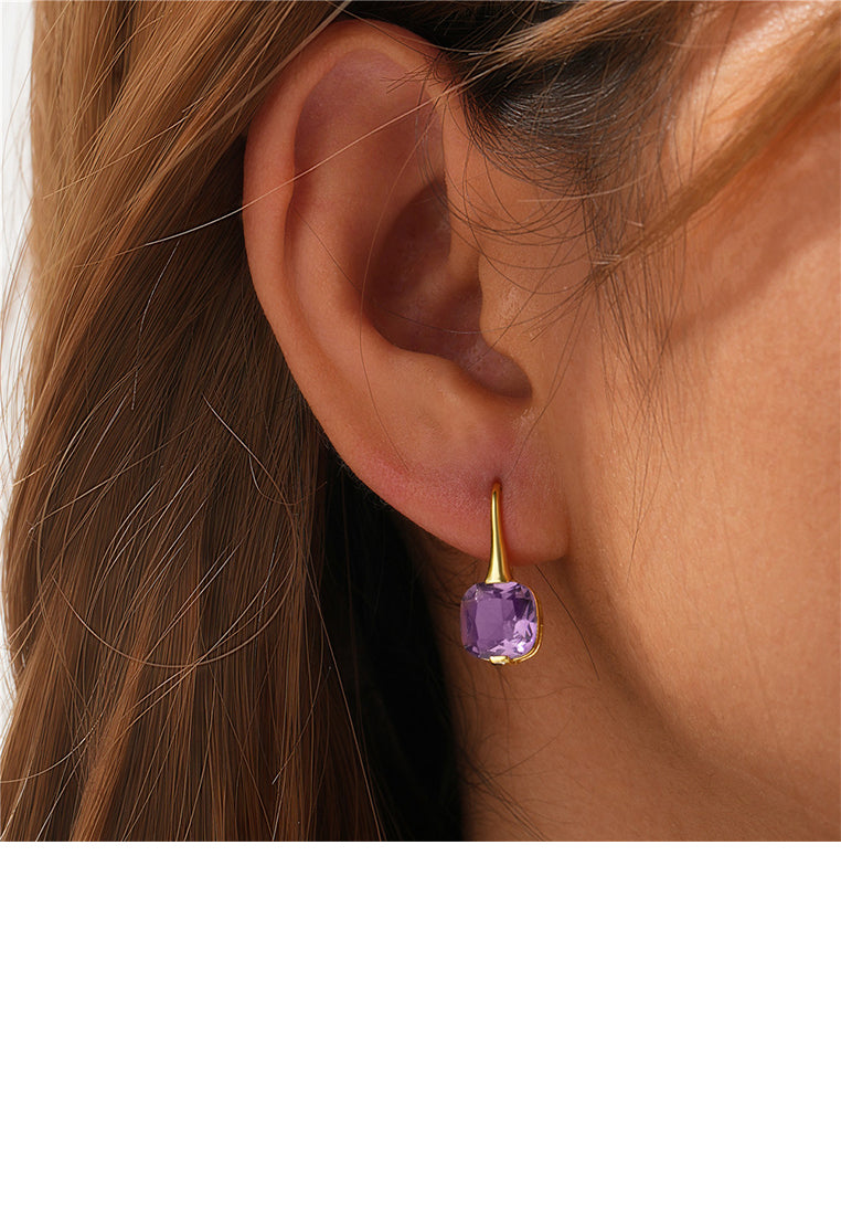 925 Sterling Silver Plated Gold Simple Fashion Geometric Square Earrings with Purple Cubic Zirconia - Luxurious Look