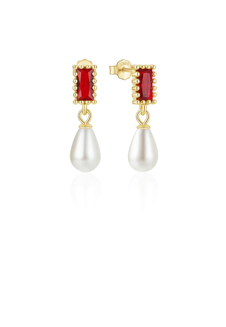 925 Sterling Silver Plated Gold Fashion and Elegant Water Drop-shaped Imitation Pearl Square Earrings with Red Cubic Zirconia - Luxurious Look - Vibrant Color