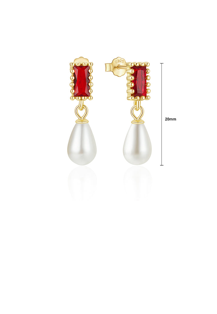 925 Sterling Silver Plated Gold Fashion and Elegant Water Drop-shaped Imitation Pearl Square Earrings with Red Cubic Zirconia - Luxurious Look - Vibrant Color