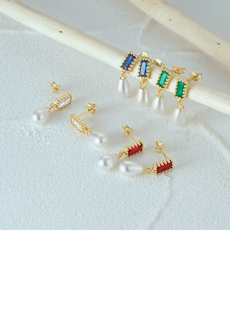 925 Sterling Silver Plated Gold Fashion and Elegant Water Drop-shaped Imitation Pearl Square Earrings with Red Cubic Zirconia - Luxurious Look - Vibrant Color