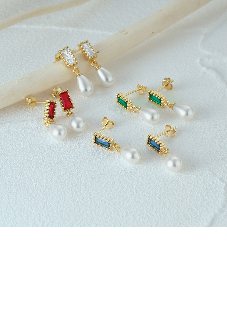 925 Sterling Silver Plated Gold Fashion and Elegant Water Drop-shaped Imitation Pearl Square Earrings with Red Cubic Zirconia - Luxurious Look - Vibrant Color