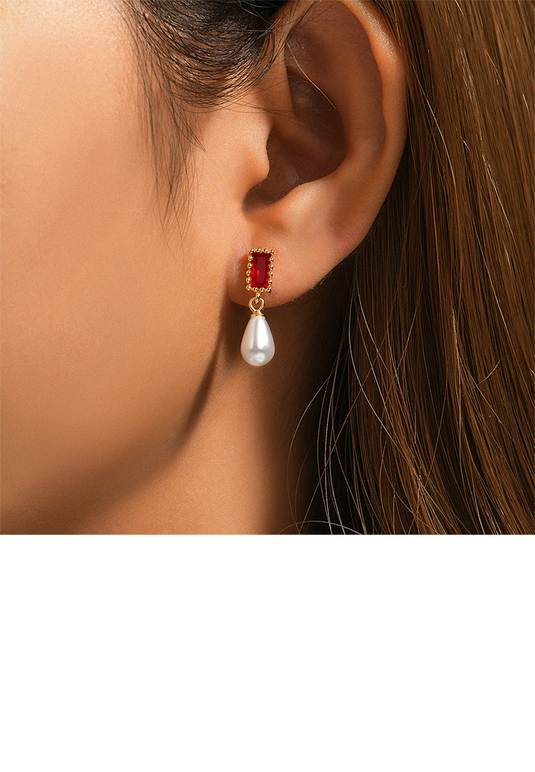 925 Sterling Silver Plated Gold Fashion and Elegant Water Drop-shaped Imitation Pearl Square Earrings with Red Cubic Zirconia - Luxurious Look - Vibrant Color