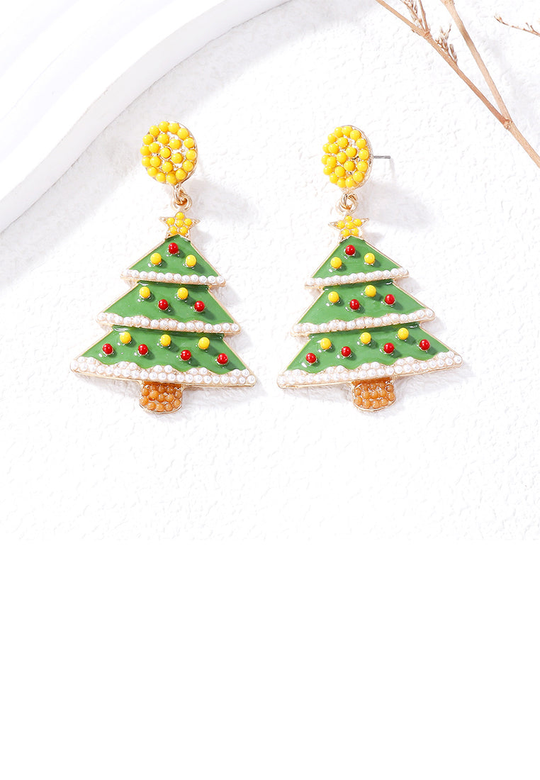 Simple and Fashion Plated Gold Enamel Christmas Tree Stud Earrings with Yellow Imitation Pearls