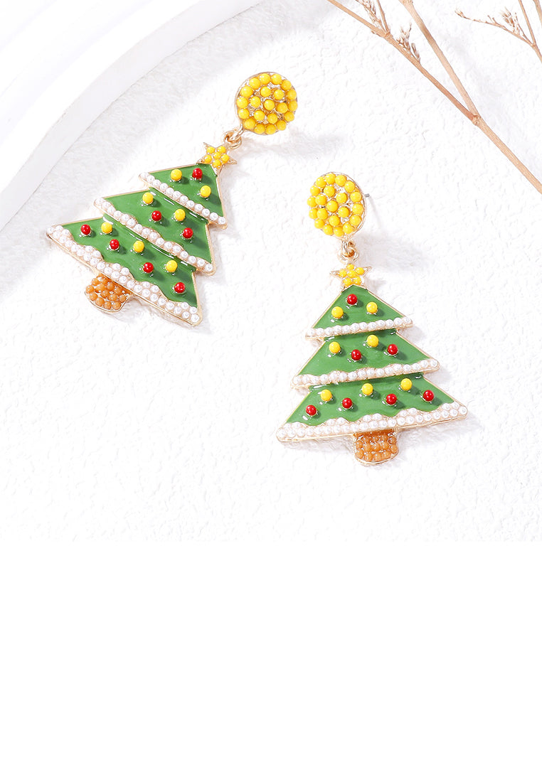 Simple and Fashion Plated Gold Enamel Christmas Tree Stud Earrings with Yellow Imitation Pearls