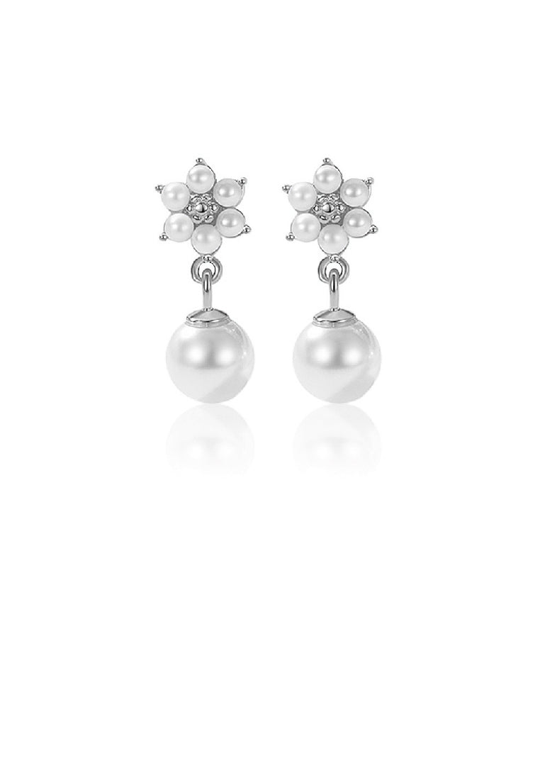 925 Sterling Silver Simple Elegant Flower Imitation Pearl Stud Earrings - Luxurious Look
