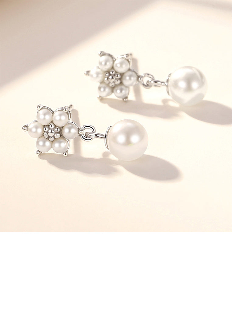 925 Sterling Silver Simple Elegant Flower Imitation Pearl Stud Earrings - Luxurious Look