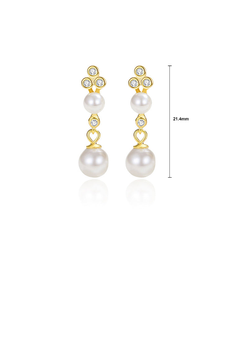925 Sterling Silver Plated Gold Simple and Fashion Round Bead Tassel Imitation Pearl Earrings with Cubic Zirconia - Luxurious Look