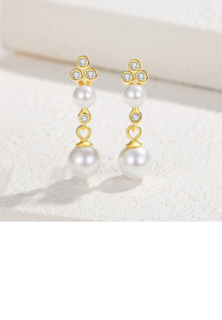 925 Sterling Silver Plated Gold Simple and Fashion Round Bead Tassel Imitation Pearl Earrings with Cubic Zirconia - Luxurious Look