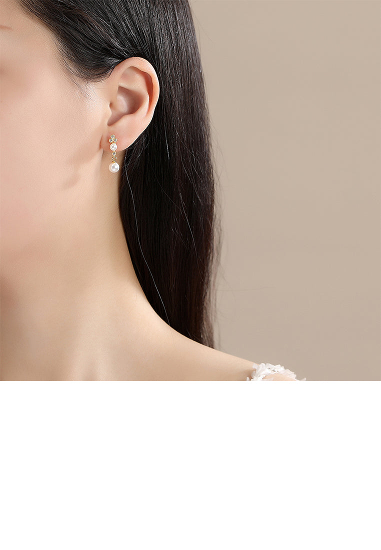 925 Sterling Silver Plated Gold Simple and Fashion Round Bead Tassel Imitation Pearl Earrings with Cubic Zirconia - Luxurious Look