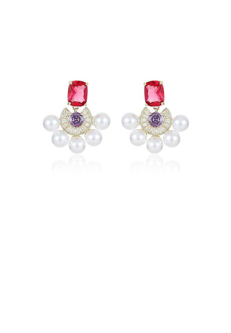 Fashion and Elegant Plated Gold Geometric Imitation Pearl Earrings with Red Cubic Zirconia - Luxurious Look - Vibrant Color