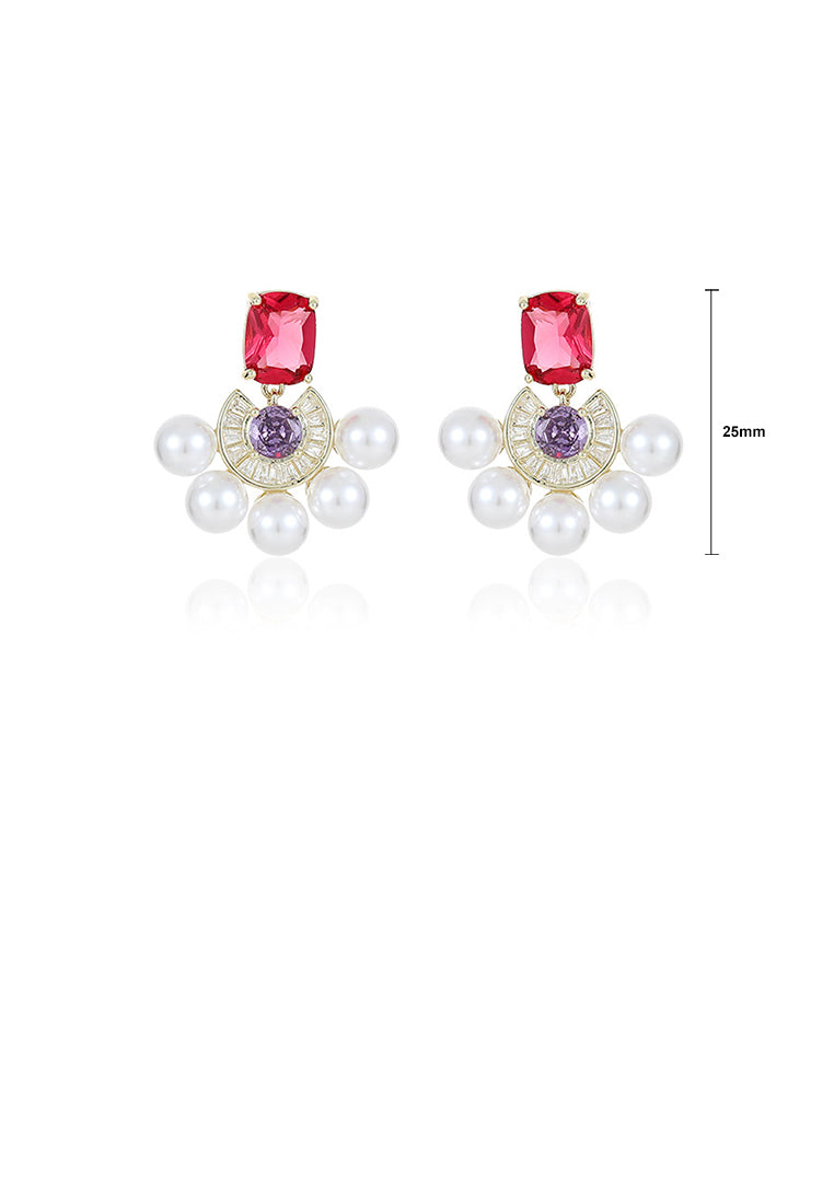 Fashion and Elegant Plated Gold Geometric Imitation Pearl Earrings with Red Cubic Zirconia - Luxurious Look - Vibrant Color