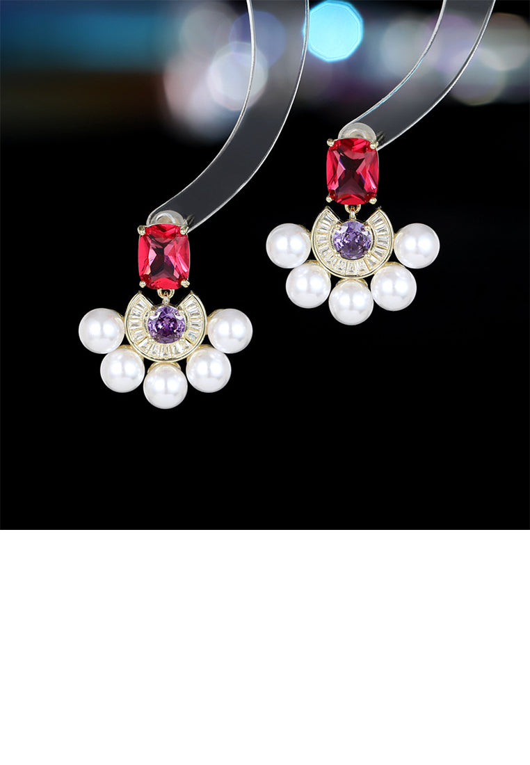 Fashion and Elegant Plated Gold Geometric Imitation Pearl Earrings with Red Cubic Zirconia - Luxurious Look - Vibrant Color