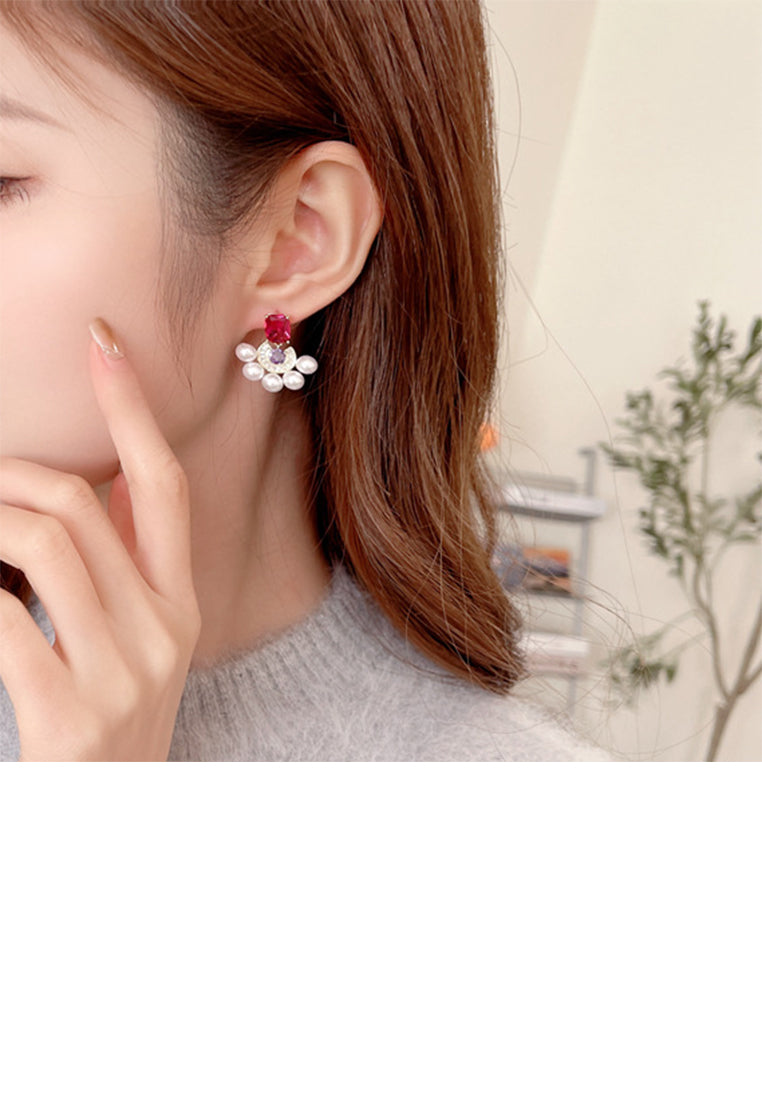 Fashion and Elegant Plated Gold Geometric Imitation Pearl Earrings with Red Cubic Zirconia - Luxurious Look - Vibrant Color