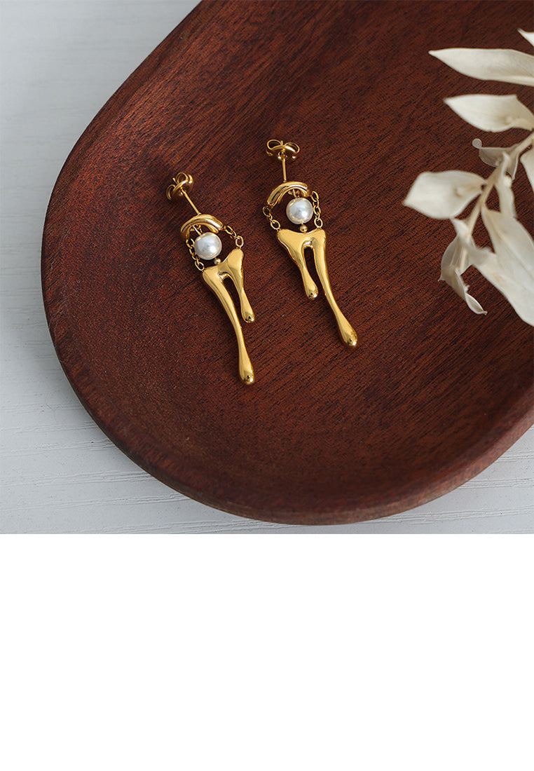 Fashion and Personalized Plated Gold 316L Stainless Steel Irregular Lava Geometric Earrings with Imitation Pearls