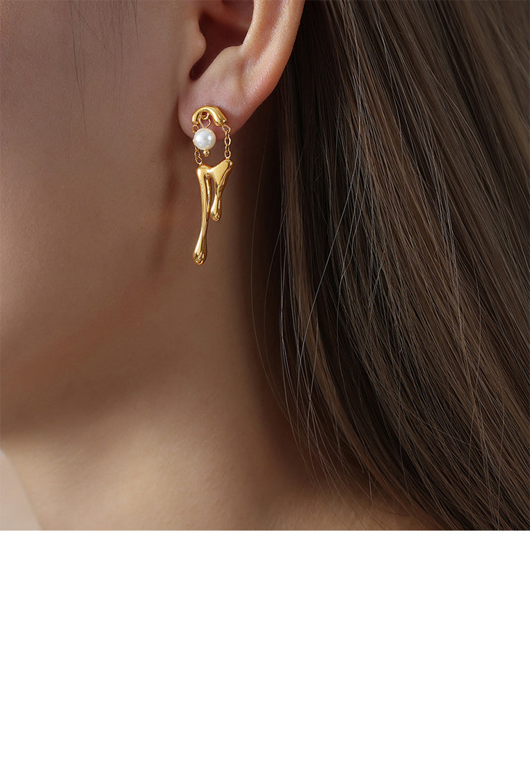 Fashion and Personalized Plated Gold 316L Stainless Steel Irregular Lava Geometric Earrings with Imitation Pearls