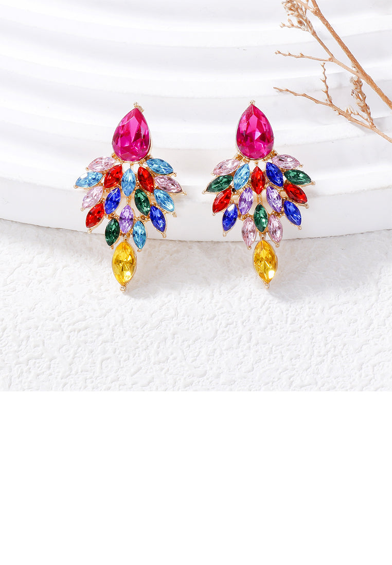 Elegant Brilliant Plated Gold Leaf Earrings with Colored Cubic Zirconia - Luxurious Look