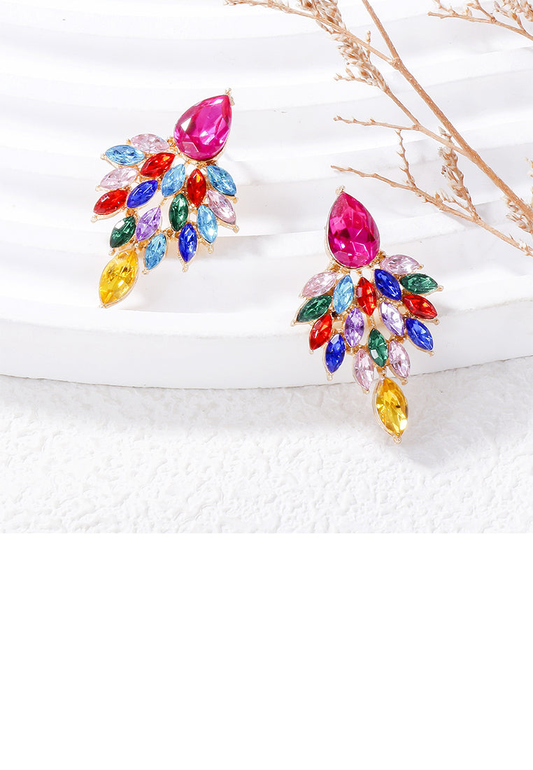 Elegant Brilliant Plated Gold Leaf Earrings with Colored Cubic Zirconia - Luxurious Look