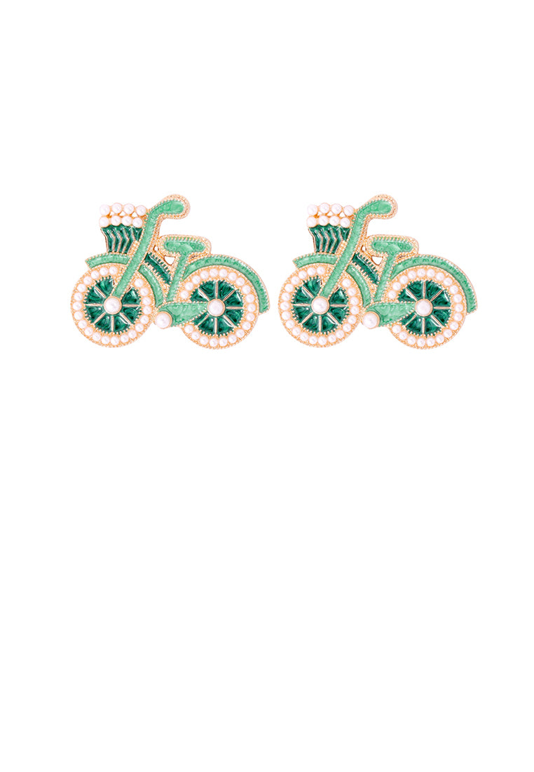 Fashion and Creative Plated Gold Enamel Green Bicycle Stud Earrings with Imitation Pearls