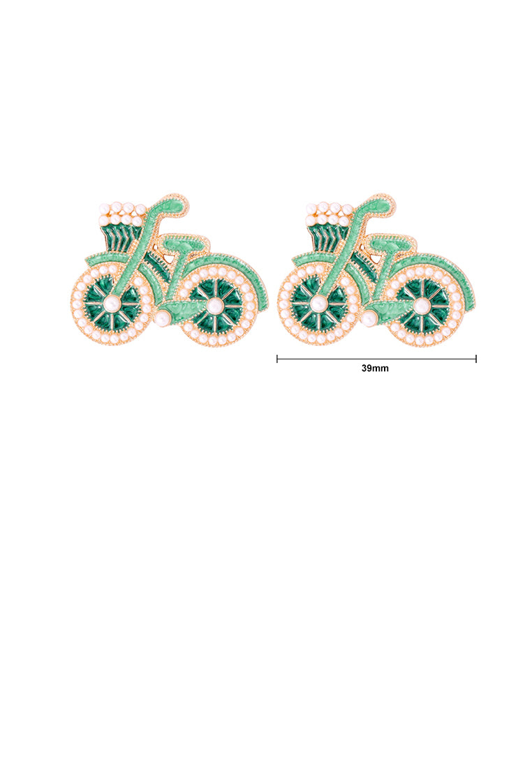Fashion and Creative Plated Gold Enamel Green Bicycle Stud Earrings with Imitation Pearls