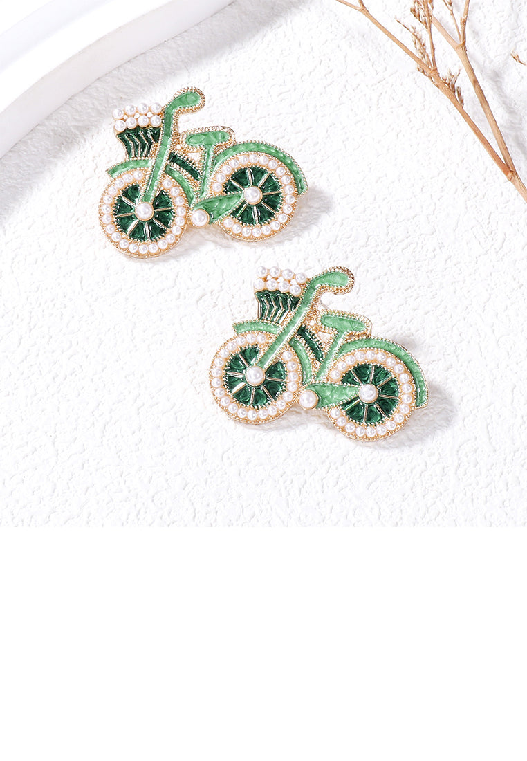 Fashion and Creative Plated Gold Enamel Green Bicycle Stud Earrings with Imitation Pearls