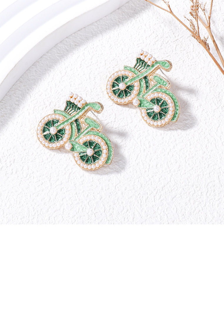 Fashion and Creative Plated Gold Enamel Green Bicycle Stud Earrings with Imitation Pearls