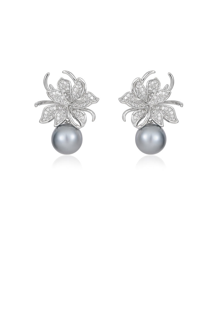 Brilliant Elegant Floral Grey Imitation Pearl Earrings with Cubic Zirconia - Luxurious Look
