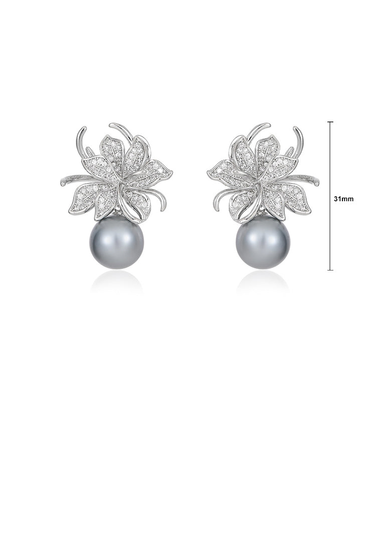Brilliant Elegant Floral Grey Imitation Pearl Earrings with Cubic Zirconia - Luxurious Look