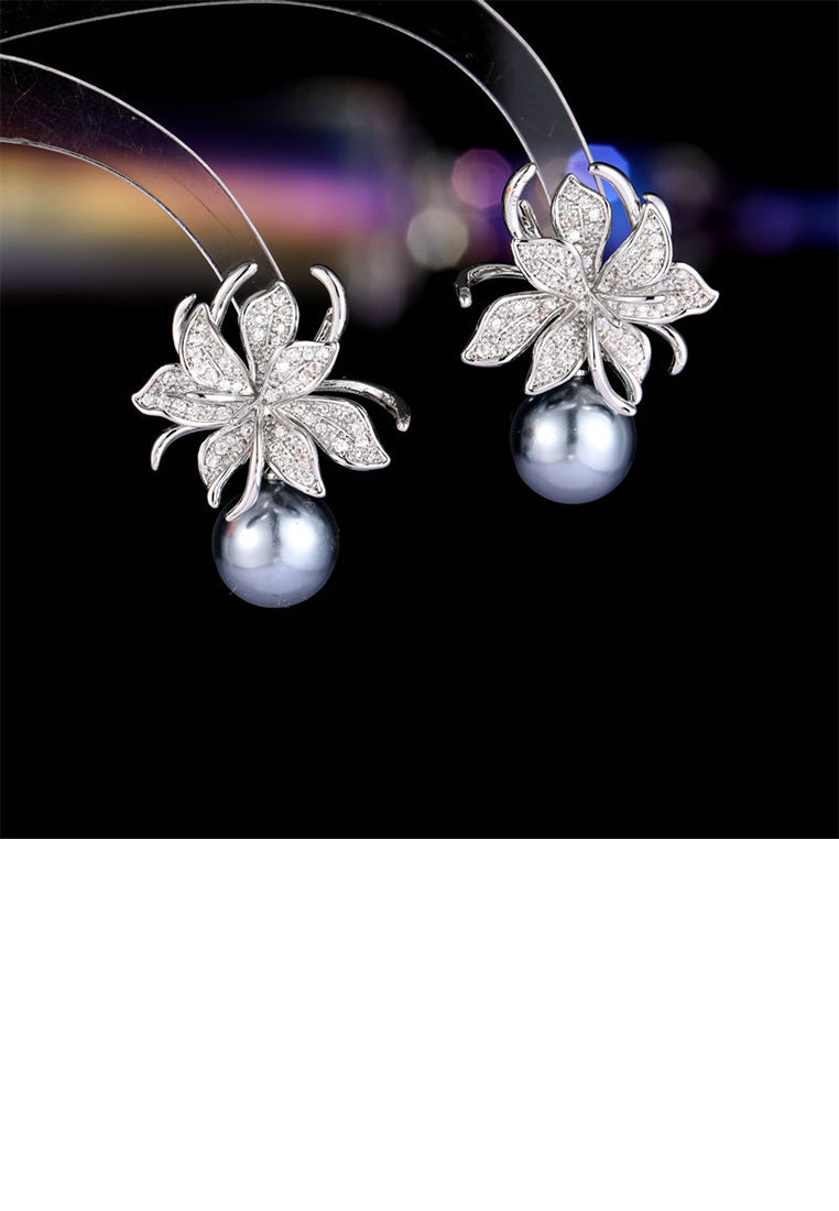 Brilliant Elegant Floral Grey Imitation Pearl Earrings with Cubic Zirconia - Luxurious Look