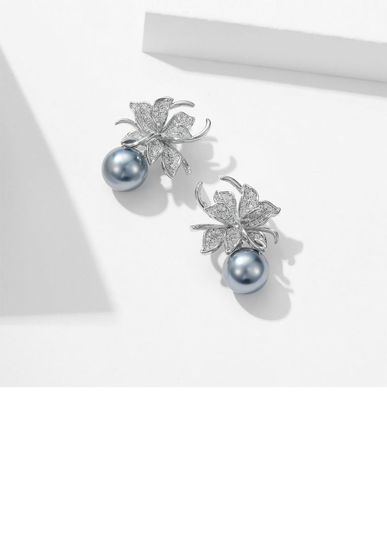 Brilliant Elegant Floral Grey Imitation Pearl Earrings with Cubic Zirconia - Luxurious Look
