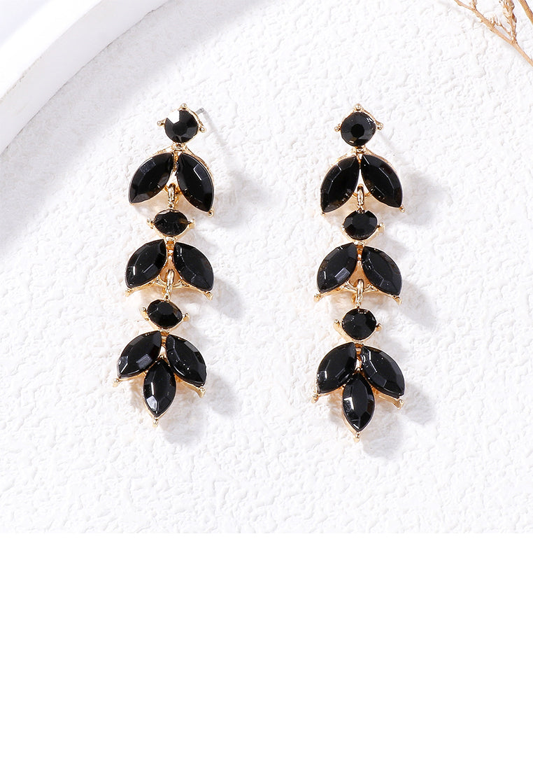 Simple and Fashion Plated Gold Leaf Tassel Earrings with Black Cubic Zirconia - Luxurious Look