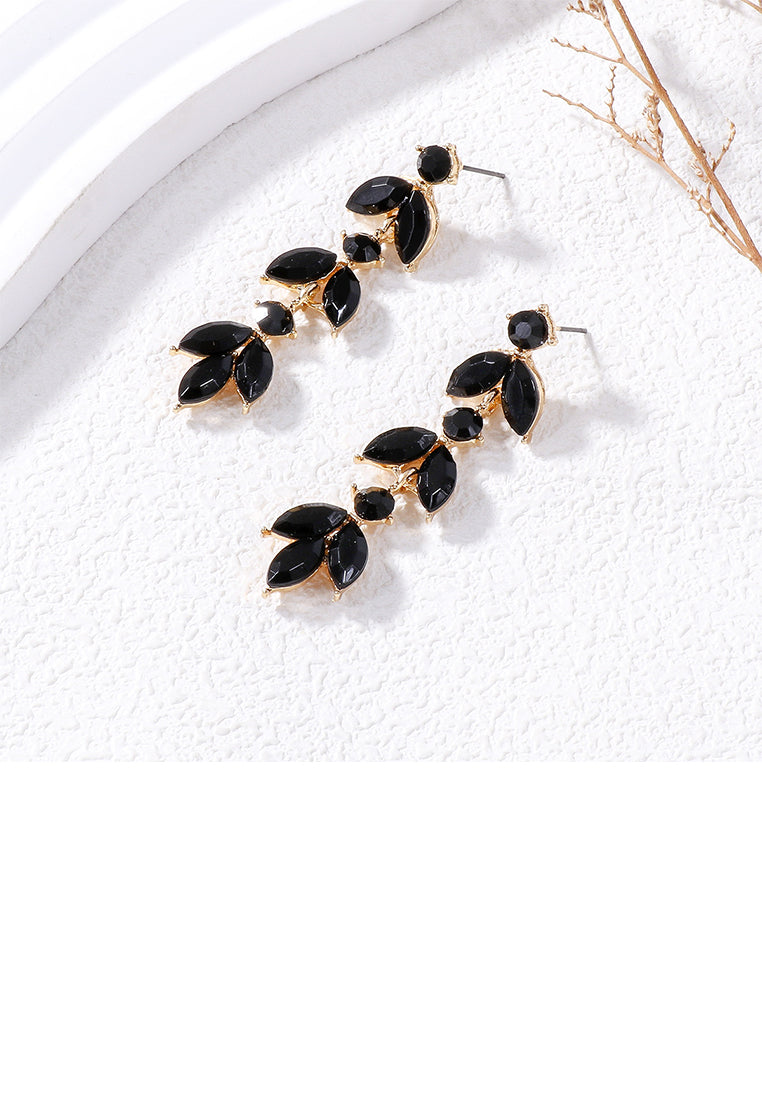 Simple and Fashion Plated Gold Leaf Tassel Earrings with Black Cubic Zirconia - Luxurious Look